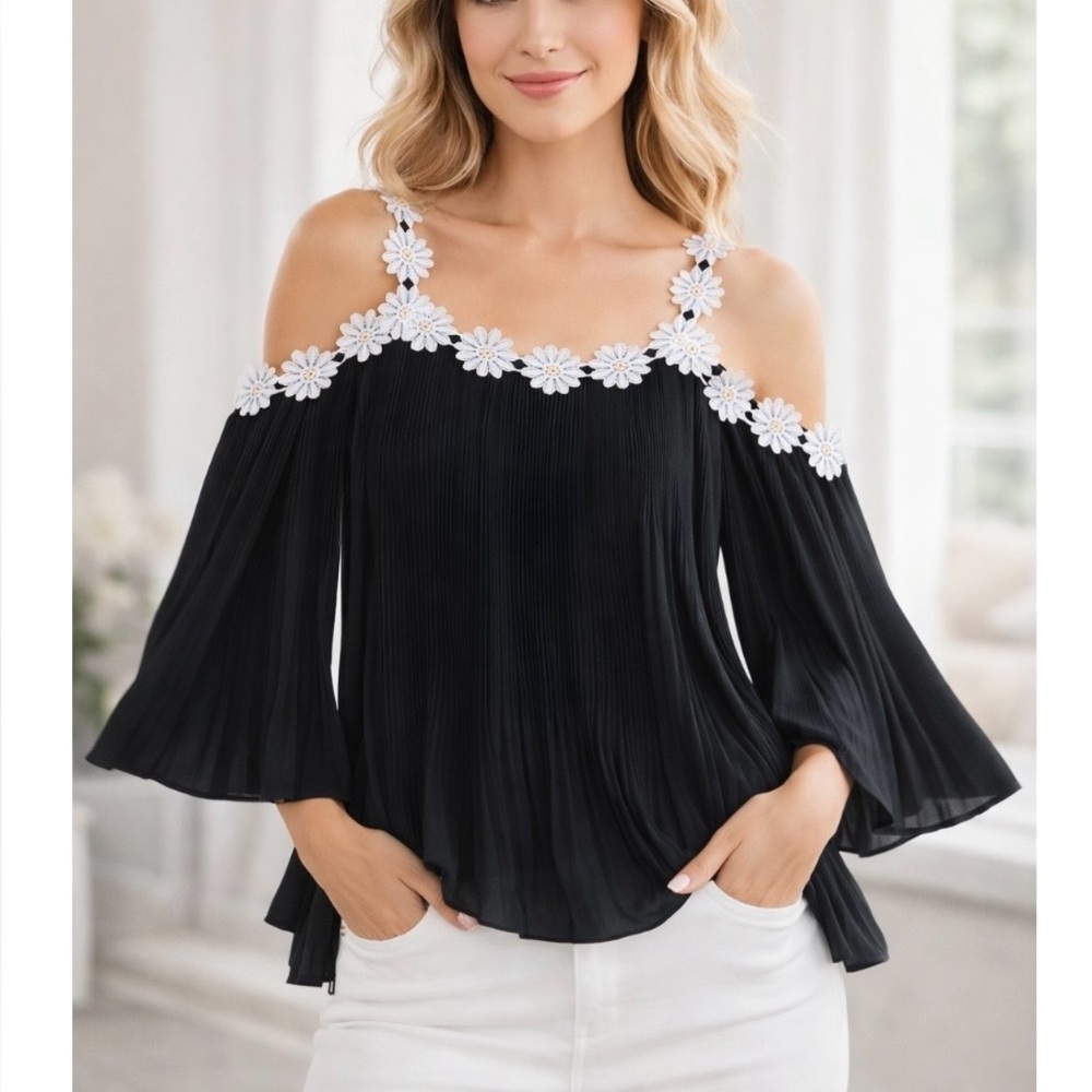 INC International Concepts Black and White Pleated Bell Sleeve Blouse